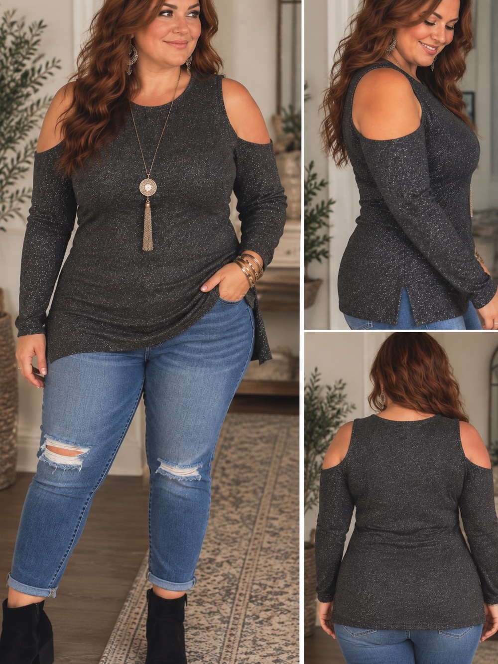 Michael Kors Black Sparkle Cold-Shoulder Long Sleeve Top
